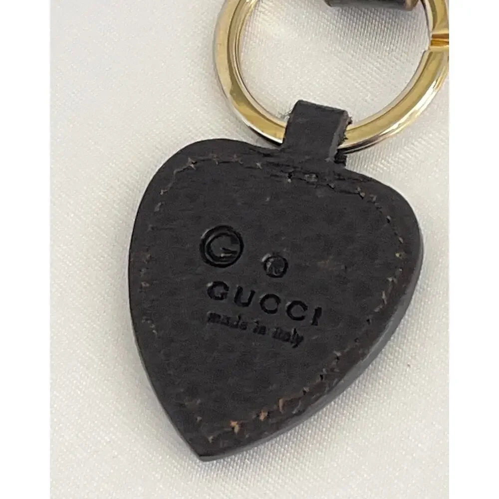 GUCCI Crest Emblem Key Chain Key Ring Brown Heart Shape Leather Rectangle